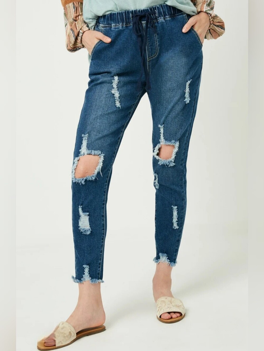 Hayden Los Angeles Distressed Denim Jogger Jeans Drawstring Raw Hem Size Small